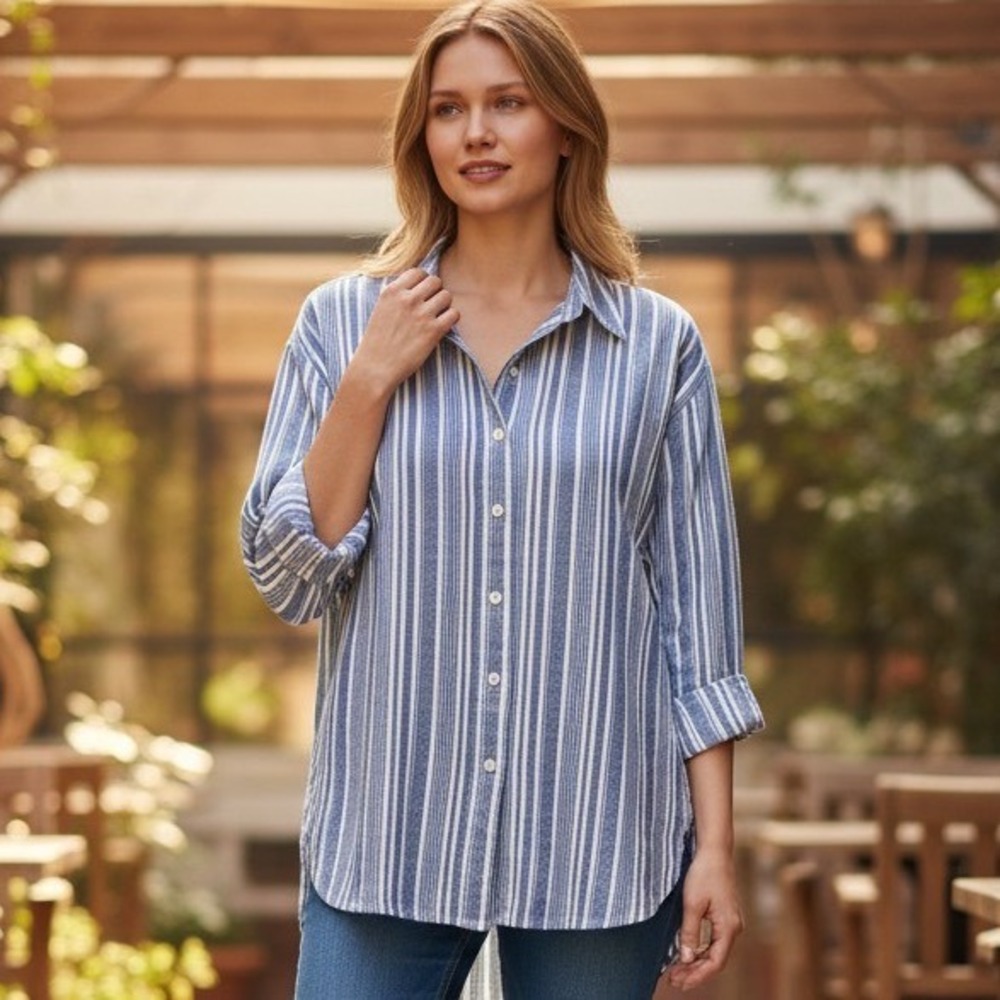 Lane Bryant Linen Long Sleeve Button Down Top Sz18/20 White Blue Nautical Stripe